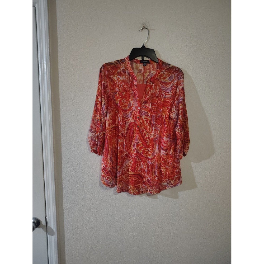 Cocomo Womens Orange Pink Paisley Mesh Roll Tab Sleeve Blouse Medium